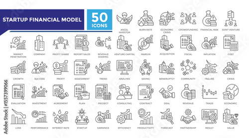 Startup financial model lineal icon set collection. This set includes angel investor, market penetration, profit share, acquisition and more icons in lineal style. Icons collection for infographics