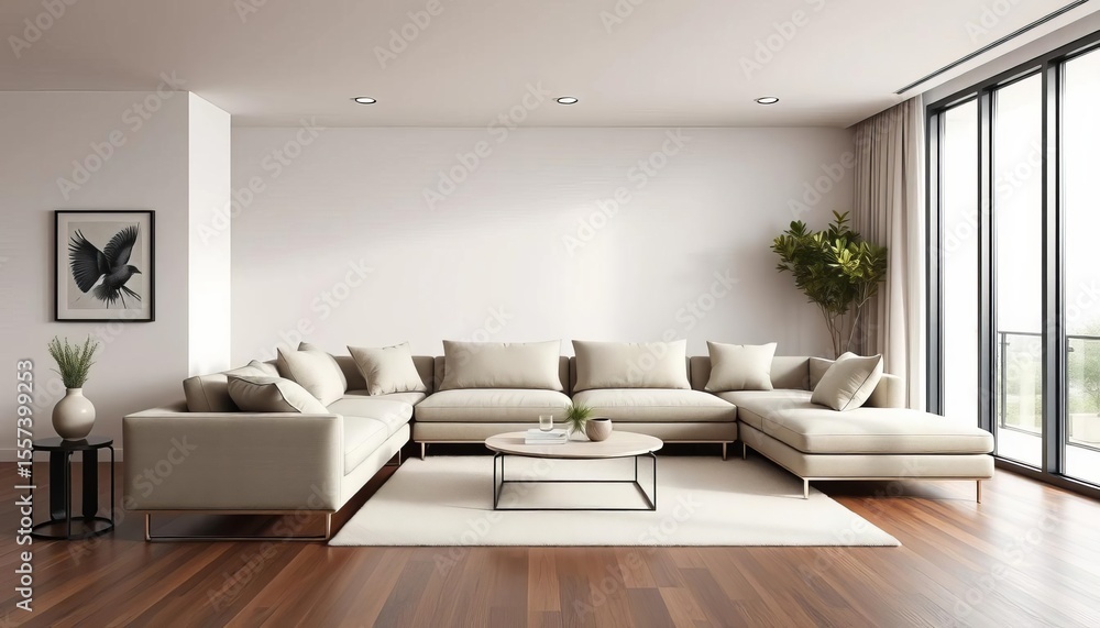 Fototapeta premium Neutral sectional sofa in minimalist modern living room with large window, interior, living room