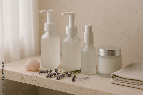 Minimalist White Lotion Pumps & Jar on Marble Surface	