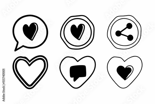 Social Media Icon Set with Hearts Shares and Other Symbols