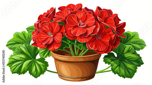 Bright red geraniums in full bloom, fuzzy green leaves and multiple layered petals, close-up capturing natural imperfections, lightly textured terracotta pot, simple composition on a white field.

