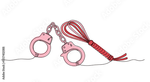 Pink Handcuffs and Whip — Classic BDSM Toys for Adults — One Line Minimal Watercolor Doodle Drawing — Perfect Illustration for Sex Toy Shops, Kink Merch and Erotic Poster Design