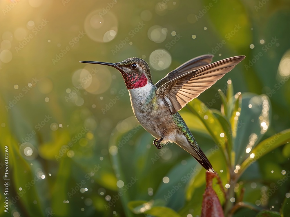 Fototapeta premium Majestic Hummingbird in Morning Sun with Dewy Petals and Vibrant Feather Detail