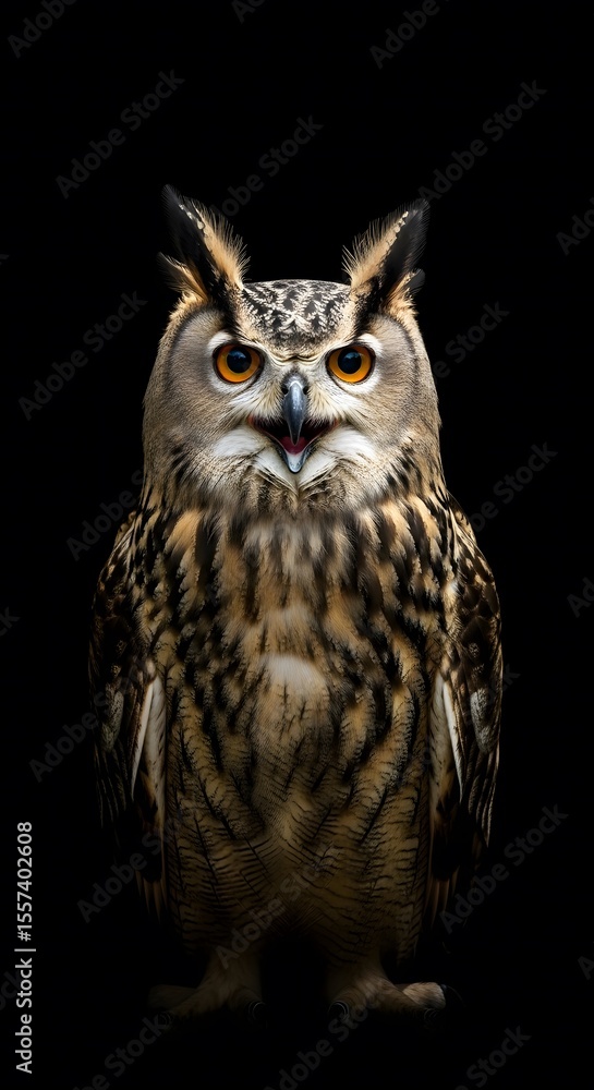Fototapeta premium Majestic Owl Portrait A Detailed Close-Up of an Eurasian Eagle Owl Against a Black Background Showcasing Feathers and Eye Detail
