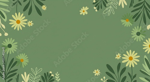 Floral frame with daisies and leaves in shades of green and yellow on a green background.