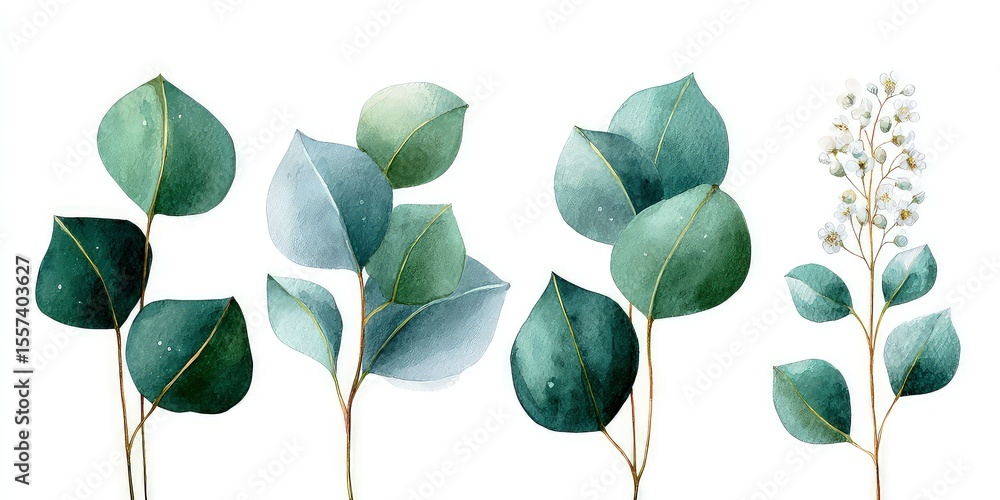 Watercolor botanical illustration, eucalyptus leaves isolated on white background Watercolor botanical illustration, eucalyptus leaves isolated on white background
