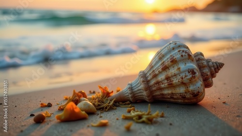 Seashell Sunset A weathered seashell rests on a sandy beach at sunset, surrounded by small shells and seaweed, as gentle waves caress the shore.