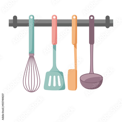 A set of hanging kitchen utensils in a modern vector style