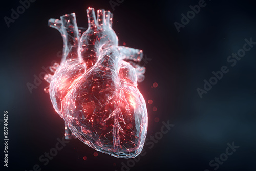 Glowing Red Human Heart 3D Rendering Dark Background