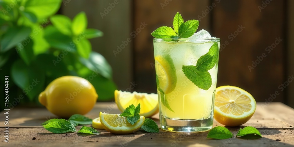 Fototapeta premium Refreshing Homemade Lemonade with Mint Garnish on Rustic Wooden Table