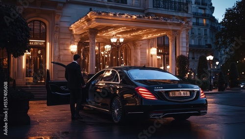 Luxurious black car at a grand hotel entrance at night