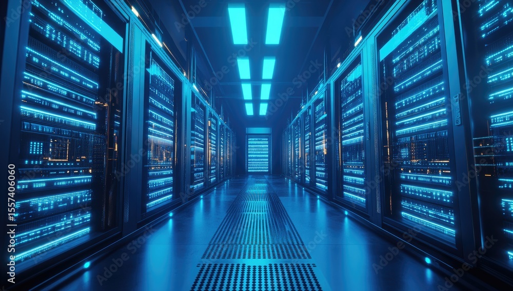 Fototapeta premium Server room interior, illuminated by blue light