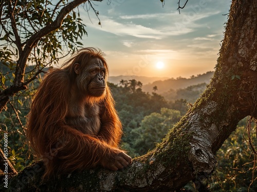 Old Orangutan Resting on Jungle Branch at Sunrise with Warm Golden Light