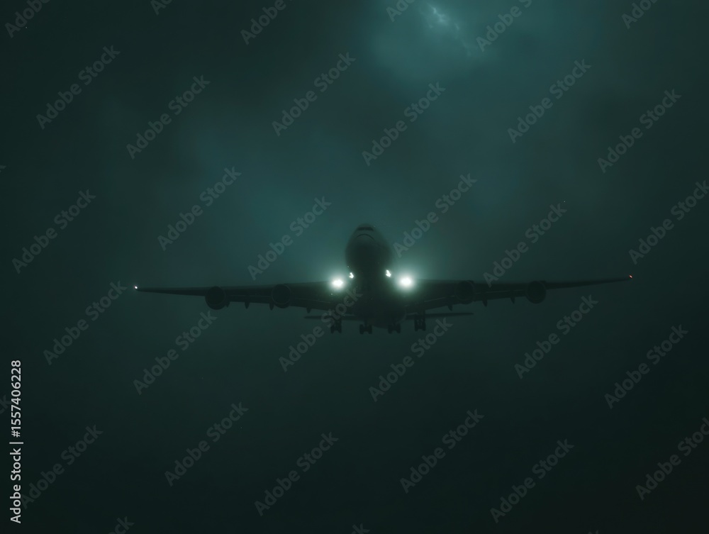 Naklejka premium Plane approaching in dark cloudy sky
