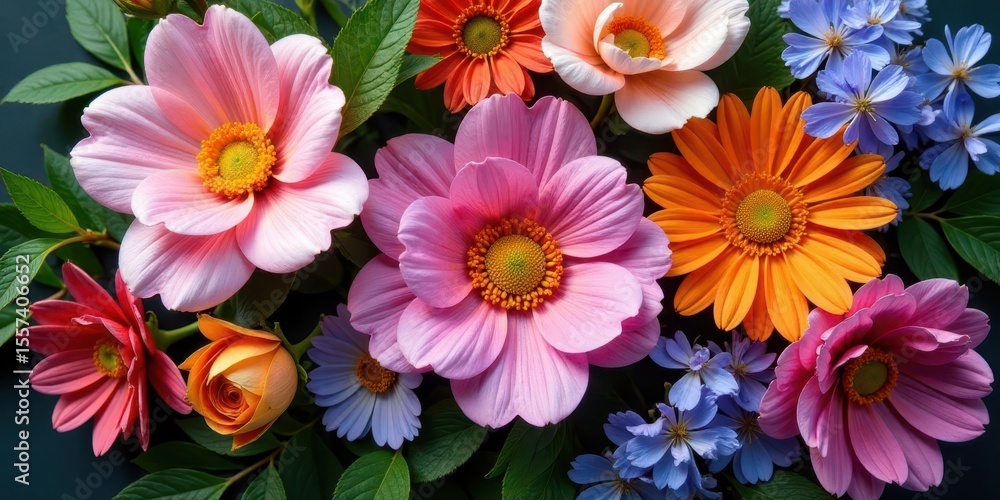 Vibrant floral arrangement showcasing a delightful mix of pink, orange, and blue blossoms, meticulously arranged with lush green foliage, creating a stunning display of natural beauty. Vibrant floral arrangement showcasing a delightful mix of pink, orange, and blue blossoms, meticulously arranged with lush green foliage, creating a stunning display of natural beauty.