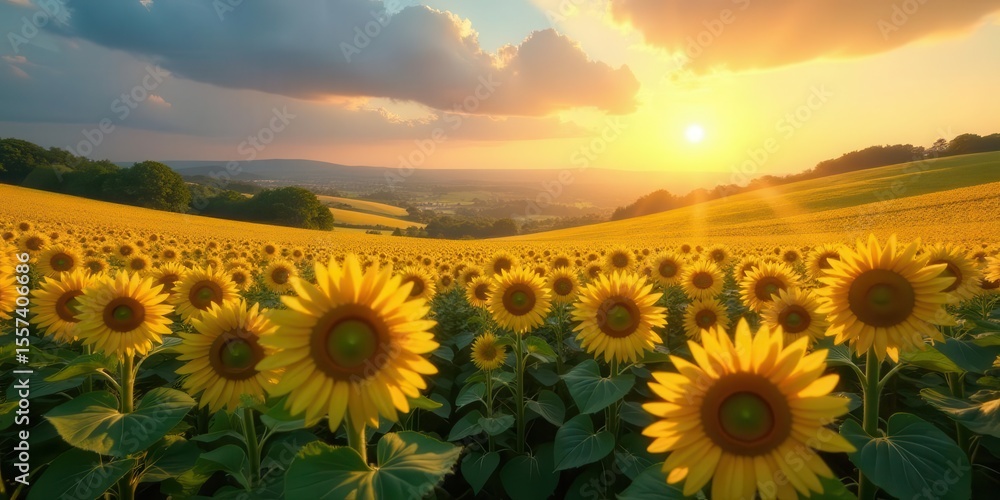 Obraz premium Golden Hour Sunbeams Across a Vast Sunflower Field at Sunset