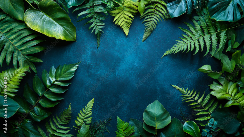 Fototapeta premium Tropical green leaves arranged around a textured blue background, creating a fresh, natural botanical frame for eco, spa, or design themes.