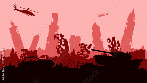 Silhouette of destroyed city in the battlefield landscape. Cityscape of aftermath war in the downtown area with city ruins. Vector illustration of urban apocalypse scene with helicopter and tank