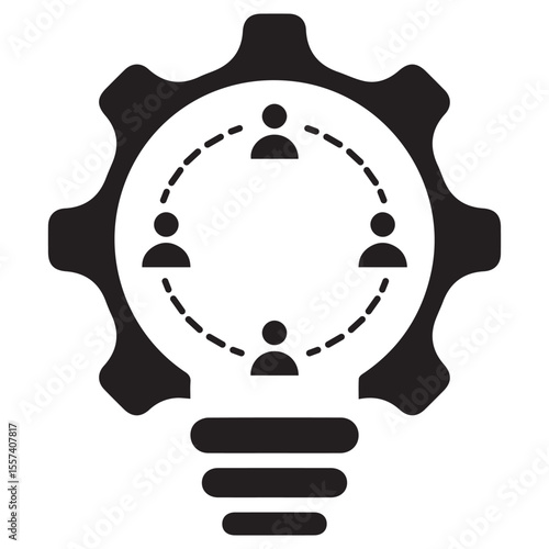 Icon of lightbulb with gear and connected people symbolizing teamwork and innovative collaboration