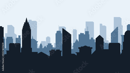 Landscape silhouette of city scenery in the morning. Panoramic cityscape with sunrise and clear sky. Vector illustration of scenic skyline building in metropolis area