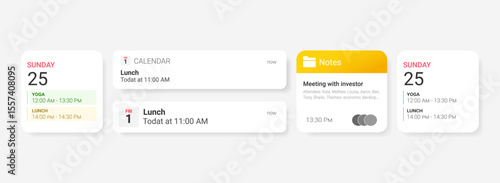 Minimal iOS-styled notes and calendar widgets. Includes daily planner, schedule, events, reminders, and meeting notes. Perfect for UI and UX, apps, and productivity interfaces.