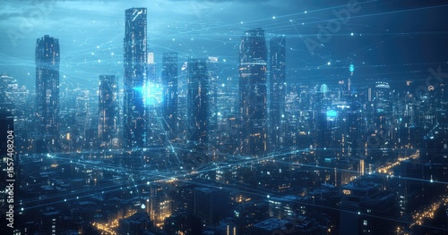 Wallpaper Mural Futuristic city skyline at night, overlaid with digital network lines Torontodigital.ca