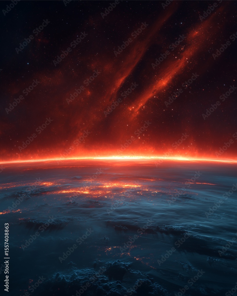 Fototapeta premium Epic Cosmic Horizon: An evocative image of a fiery horizon line against a turbulent cosmos, highlighting the grandeur and mystery of outer space.