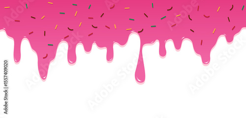 Fun and delicious cartoon-style background featuring pink dripping icing and colorful sprinkles. Perfect for dessert-themed designs, bakery branding, party invitations, and sweet food-related content.
