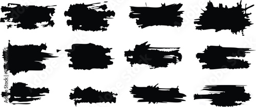 Ink splashes stencil very detailed collection. High quality manually traced. Black inked splatter dirt stain splattered spray splash with drops blots. Isolated Silhouettes dirty liquid vector grunge