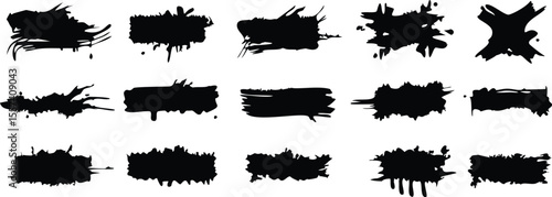 Ink splashes stencil very detailed collection. High quality manually traced. Black inked splatter dirt stain splattered spray splash with drops blots. Isolated Silhouettes dirty liquid vector grunge