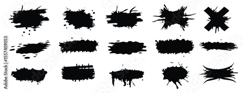 Ink splashes stencil very detailed collection. High quality manually traced. Black inked splatter dirt stain splattered spray splash with drops blots. Isolated Silhouettes dirty liquid vector grunge