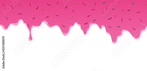 Fun and delicious cartoon-style background featuring pink dripping icing and colorful sprinkles. Perfect for dessert-themed designs, bakery branding, party invitations, and sweet food-related content.