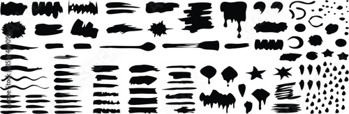 Various black paint graphic set, spray, brushstroke, drips, splashes, graffiti, lines, in dirty style. High quality, hand drawn, grunge graphic box. Ink splash stencil, brush stroke. Vector collection