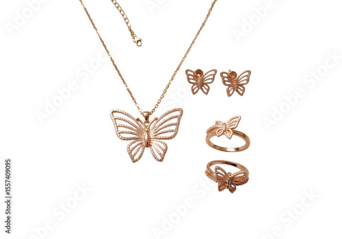 Rose Gold Butterfly Jewelry Set Necklace Earrings and Rings isolated on transparent background