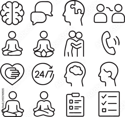 Mental Health & Therapy Vector Icon Set  Adjustable Line Weight  Brain, speech bubble, puzzle, conversation, meditation, lotus, support, call, empathy, 247, cloud thinking, checklist icons