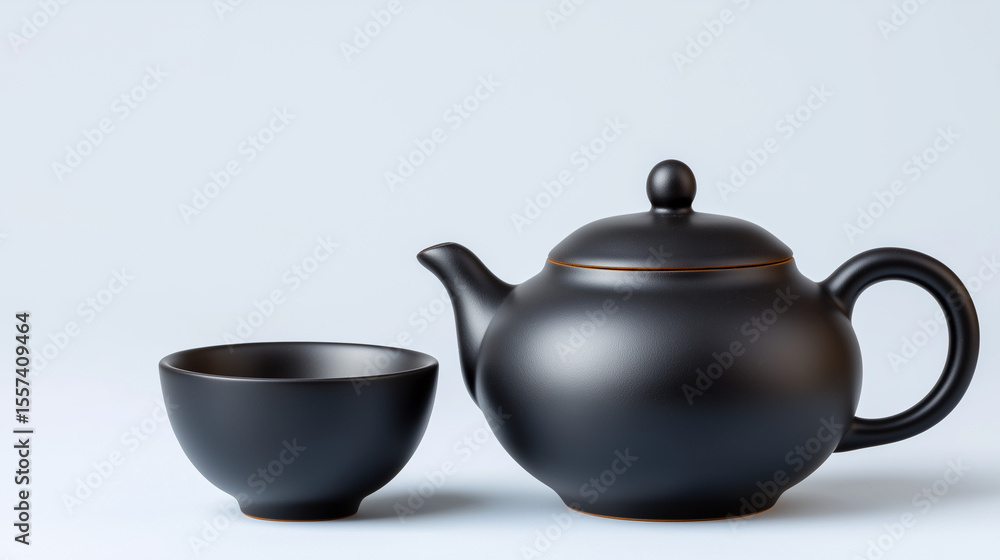 Elegant Black Tea Set with Cow-Angle Teapot on White Background Elegant Black Tea Set with Cow-Angle Teapot on White Background