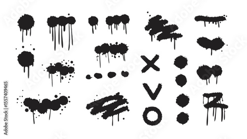 Spray graffiti texture with smudges and drops. Street aerosol clouds vector templates. Spray paint shapes, graffiti mockups, stencil. Street art with splashes and dripping paint. Vector aerosol set
