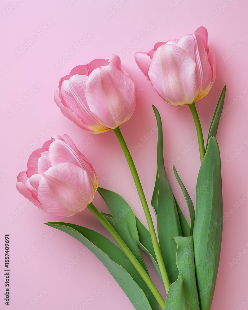 Fototapeta premium Gentle pink tulips on pastel: A delicate arrangement of three elegant pink tulips, with fresh green stems, on a smooth, pastel background. Showcasing the beauty of spring in simple.