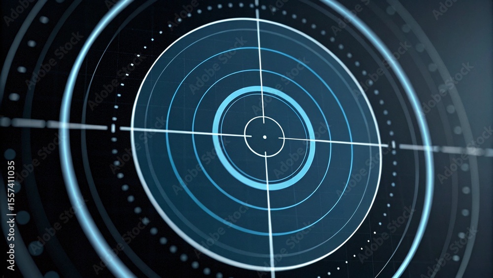 Naklejka premium A futuristic heads-up display (HUD) target with glowing blue concentric circles and crosshairs, centered on a bright dot, ideal for themes of technology, aiming, and digital precision.