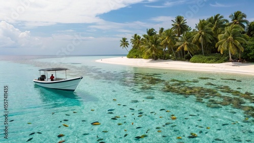 Fototapeta Naklejka Na Ścianę i Meble -  An idyllic tropical paradise scene featuring a small boat anchored in crystal-clear turquoise waters teeming with marine life, adjacent to a pristine white sandy beach fringed with lush palm trees 