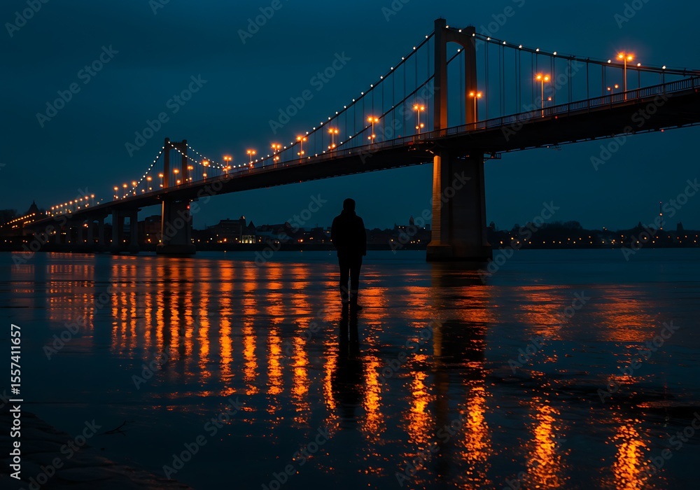 Fototapeta premium Bridge lights reflect on water at night with silhouetted figure