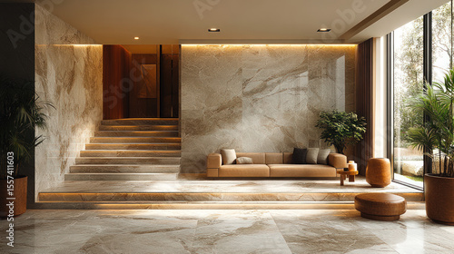 Elegant modern interior with marble floors, soft neutral tones, minimalist furniture, warm lighting, and large windows creating a serene space.
