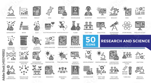Research and science solid icon set collection. This set includes microscopic, result, scientific, analyze, dna, nanotechnology, data research and more icons. Vector icons collection for infographics