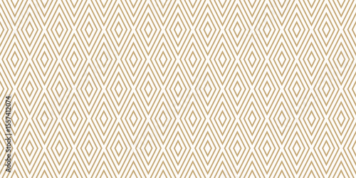 Golden abstract vector geometric seamless pattern. Gold and white background. Simple geo texture with rhombuses, diamonds, lines, stripes. Minimal tartan ornament. Repeated design for decor, textile