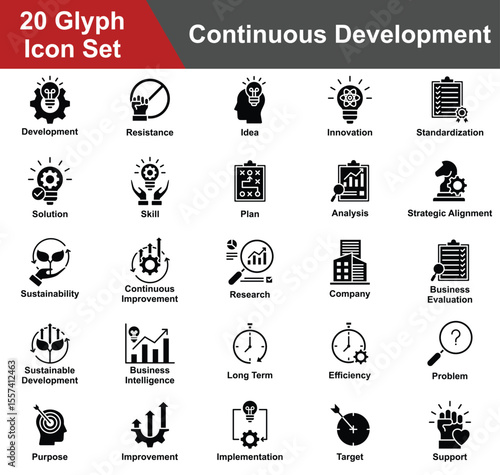 Continuous Development Icon Set Collection. Containing Development, Resistance, Idea, Innovation, Standardization, Solution, Skill, Plan, Analysis, Sustainability. Simple Glyph Vector Illustration.