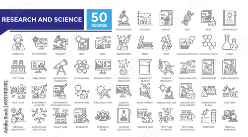 Research and science lineal icon set collection. This set includes microscopic, result, scientific, analyze, dna, nanotechnology, data research and more icons. Vector icons collection for infographics