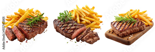 Grilled steak and fries close-up restaurant food photography showcase