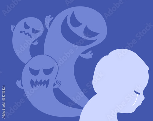 Lonely child crying feeling sadness, anxiety about ghosts and fears vector illustration. Mental health concept