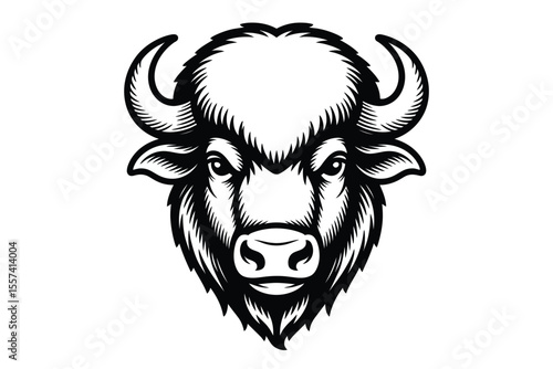 Black and white bison head illustration with horns and fur details on white background