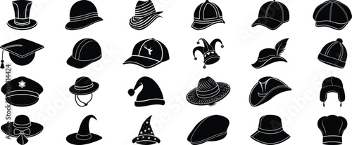 A set of silhouettes of hat on a whitebackground